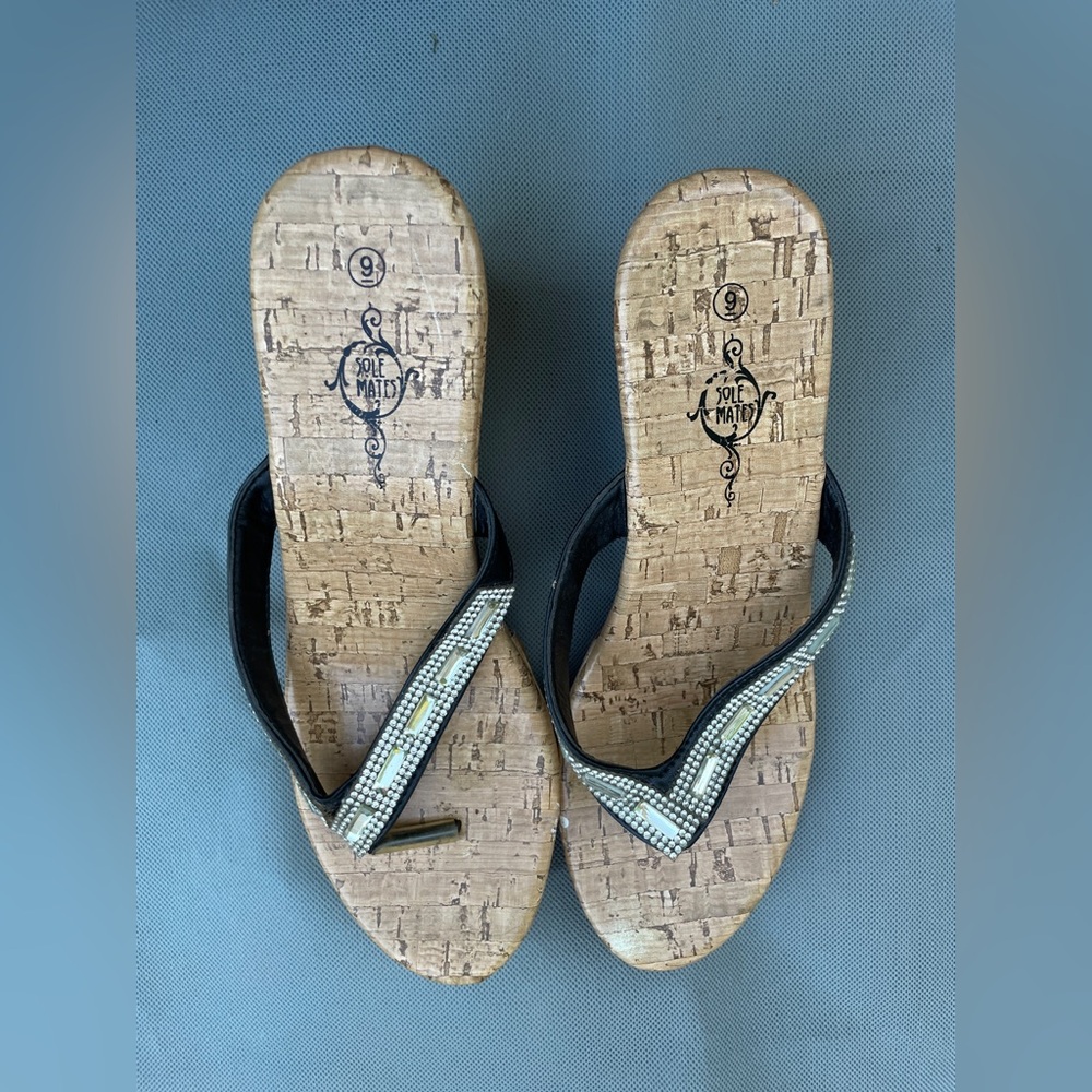 Women Sole Mates Black and Silver With Rhinestone with Cork Sole Sandals